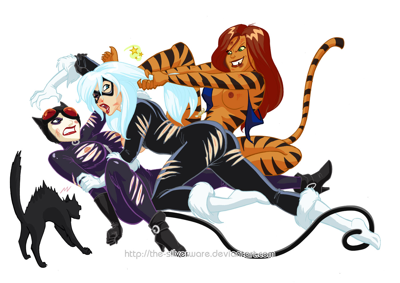 452725   Black Cat Catwoman Crossover DC Marvel Selina Kyle Tigra felicia hardy the silverware Catfight   Black Cat, Catwoman & Tigra