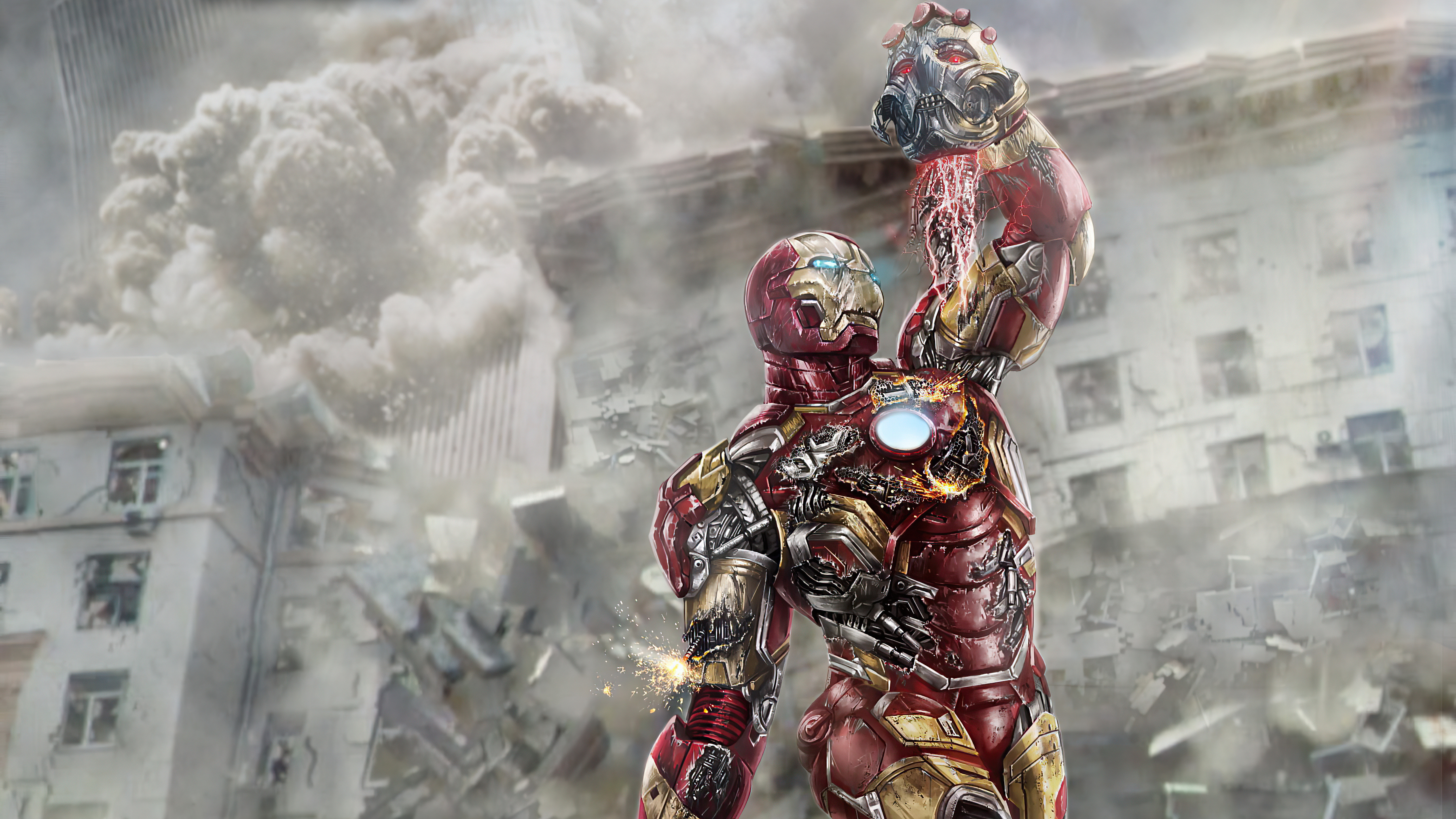 iron man fighting apolocypse robot in city destruction iron man fighting apolocypse robot in city destruction